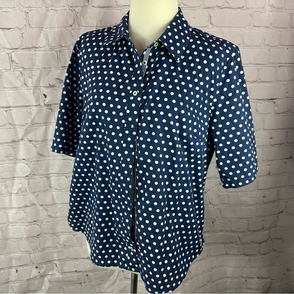 Talbots Blue White polka dot Casual Button Down Shirt sz L nautical beach - Picture 1 of 6